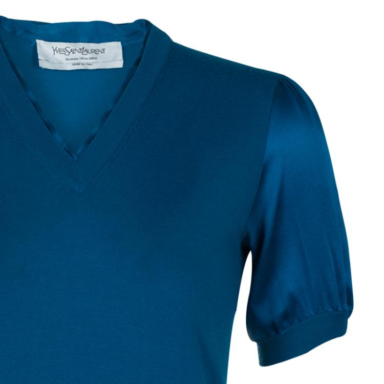 Pre Owned Saint Laurent Paris Turquoise Wool and Silk Short Sleeve Sweater S