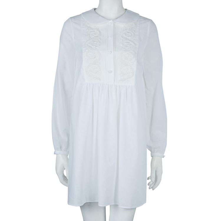Pre Owned Saint Laurent Paris White Embroidered Yoke Detail Long Sleeve Cotton Dress M
