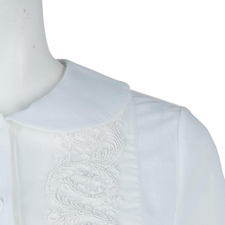 Pre Owned Saint Laurent Paris White Embroidered Yoke Detail Long Sleeve Cotton Dress M