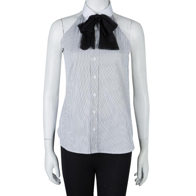 Pre Owned Saint Laurent Paris Striped Cotton Contrast Bow Tie Detail Sleeveless Shirt M