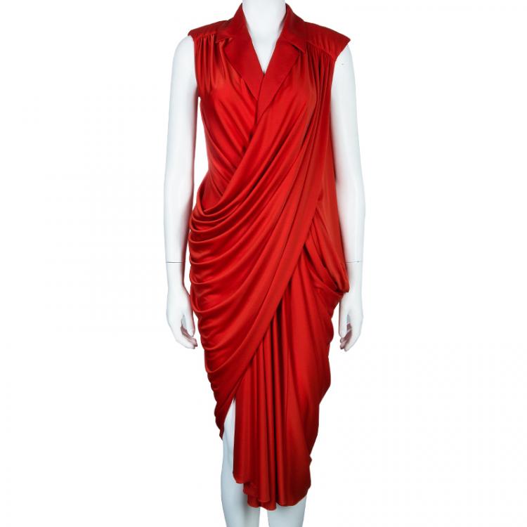 Pre Owned Saint Laurent Paris Red Lapel Detail Draped Sleeveless Dress S