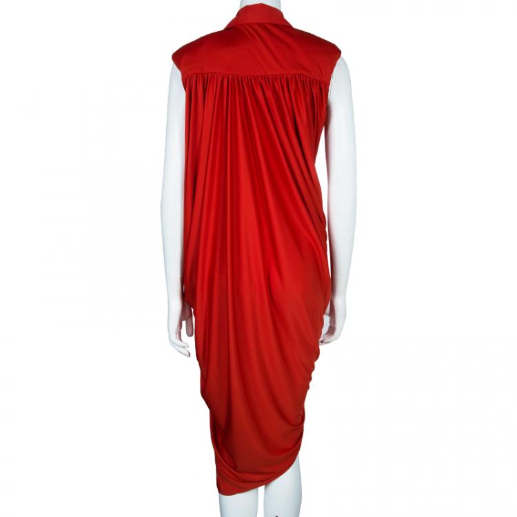 Pre Owned Saint Laurent Paris Red Lapel Detail Draped Sleeveless Dress S