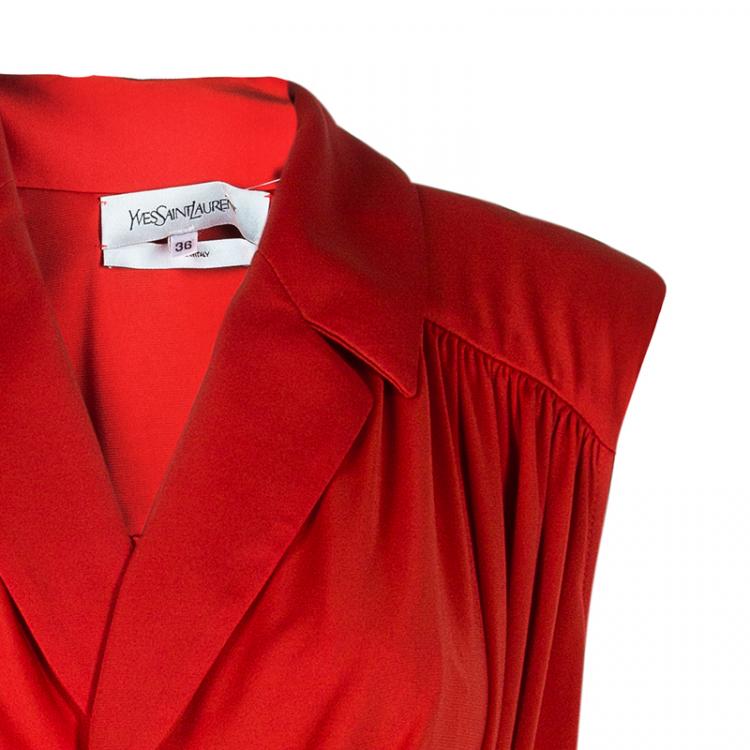 Pre Owned Saint Laurent Paris Red Lapel Detail Draped Sleeveless Dress S