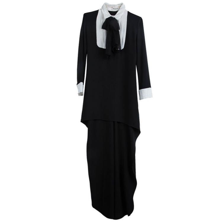 Pre Owned Saint Laurent Paris Black Sequinned Yoke Detail High-Low Tunic S