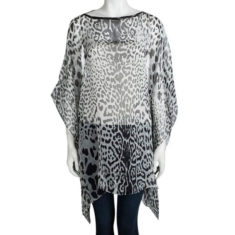 Pre Owned Saint Laurent Paris Monochrome Leopard Printed Silk Kaftan Top L