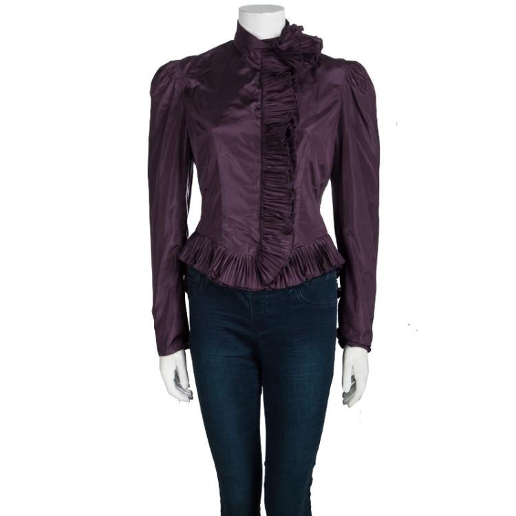 Pre Owned Saint Laurent Paris Purple Silk Plisse Ruffle Detail Zip Front Jacket M