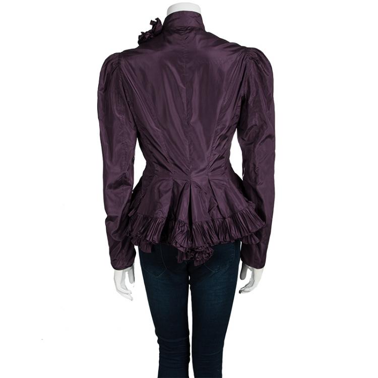 Pre Owned Saint Laurent Paris Purple Silk Plisse Ruffle Detail Zip Front Jacket M