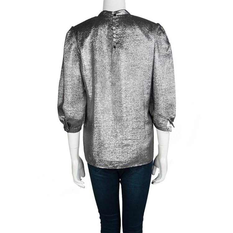 Pre Owned Saint Laurent Paris Metallic Silver Pleat Detail Long Sleeve Top M