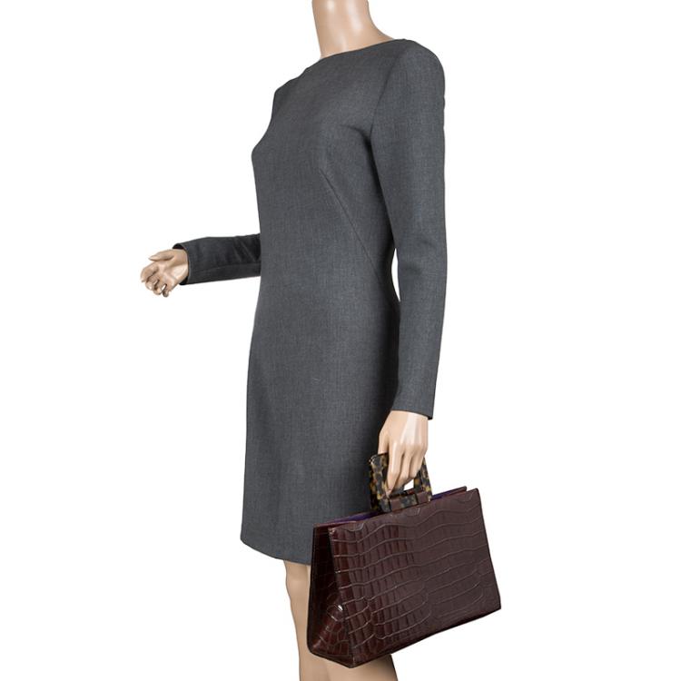Pre Owned Saint Laurent Paris Brown Croc Embossed Leather Vintage Top Handle Bag