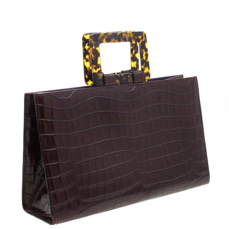 Pre Owned Saint Laurent Paris Brown Croc Embossed Leather Vintage Top Handle Bag