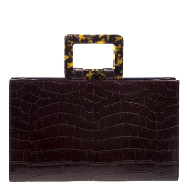 Pre Owned Saint Laurent Paris Brown Croc Embossed Leather Vintage Top Handle Bag