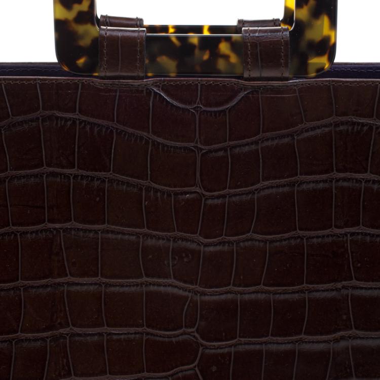Pre Owned Saint Laurent Paris Brown Croc Embossed Leather Vintage Top Handle Bag