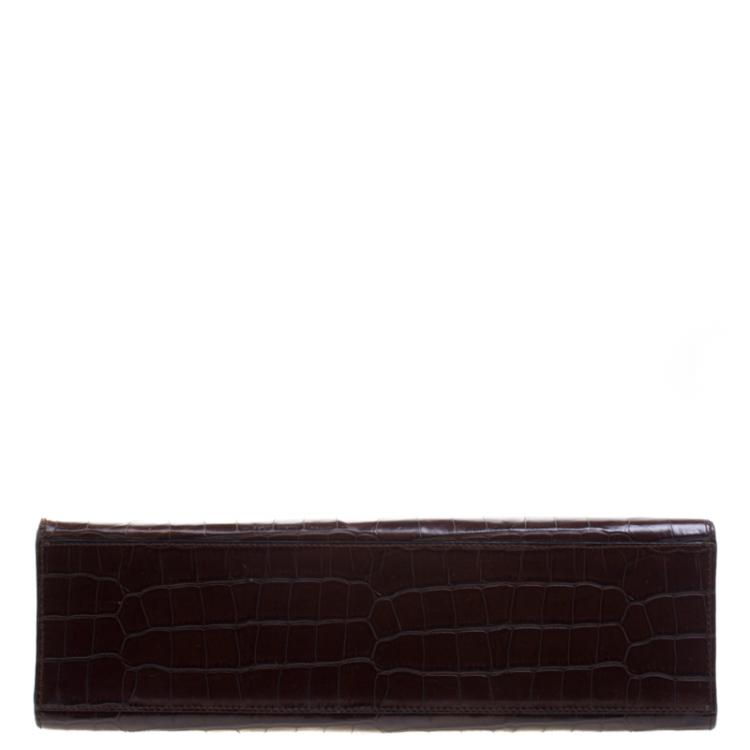 Pre Owned Saint Laurent Paris Brown Croc Embossed Leather Vintage Top Handle Bag
