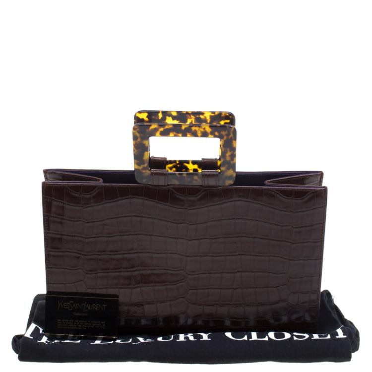 Pre Owned Saint Laurent Paris Brown Croc Embossed Leather Vintage Top Handle Bag