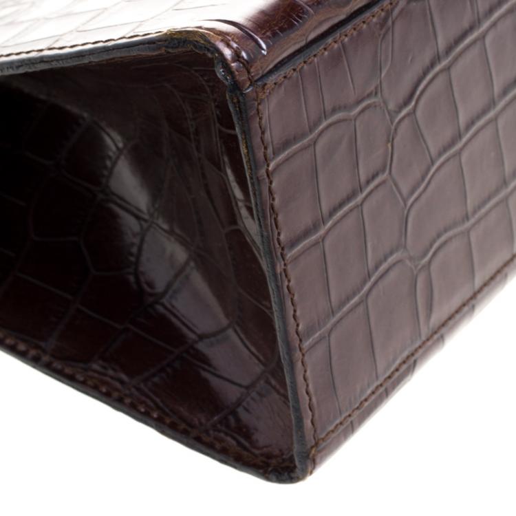 Pre Owned Saint Laurent Paris Brown Croc Embossed Leather Vintage Top Handle Bag