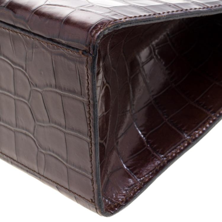 Pre Owned Saint Laurent Paris Brown Croc Embossed Leather Vintage Top Handle Bag