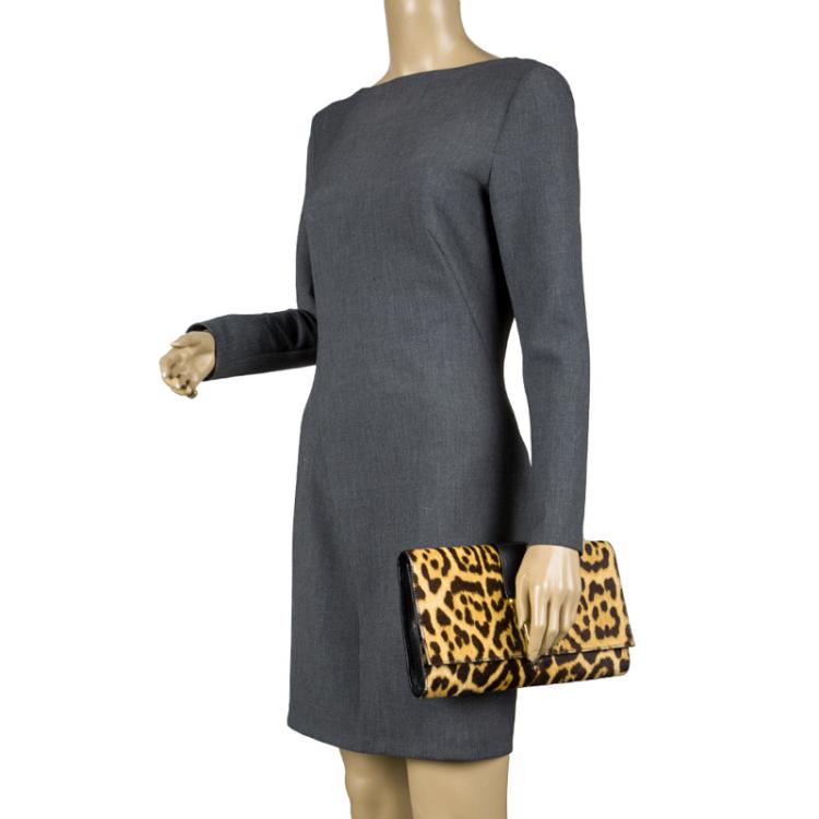 Pre Owned Saint Laurent Paris Brown/Black Leopard Print Calf Hair Large Chyc Clutch
