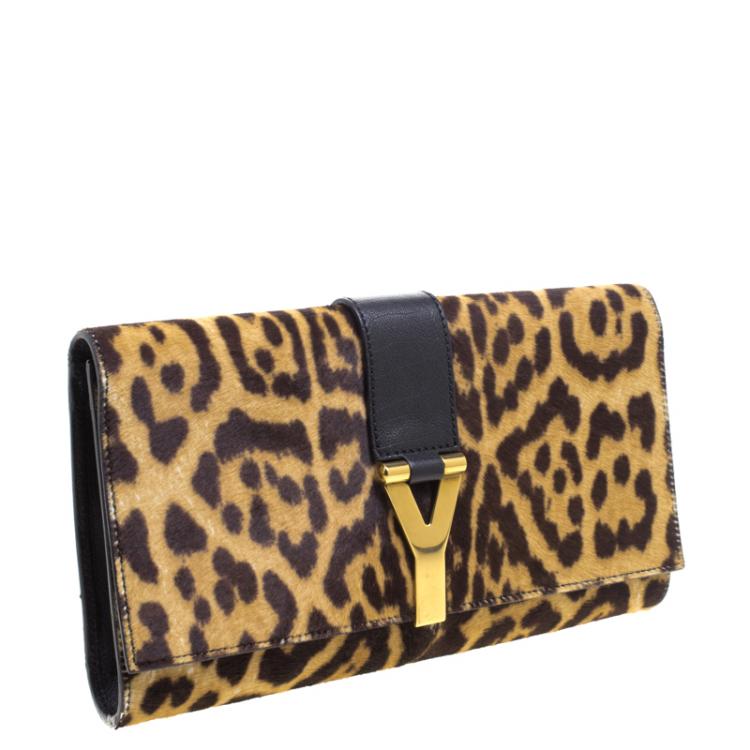 Pre Owned Saint Laurent Paris Brown/Black Leopard Print Calf Hair Large Chyc Clutch