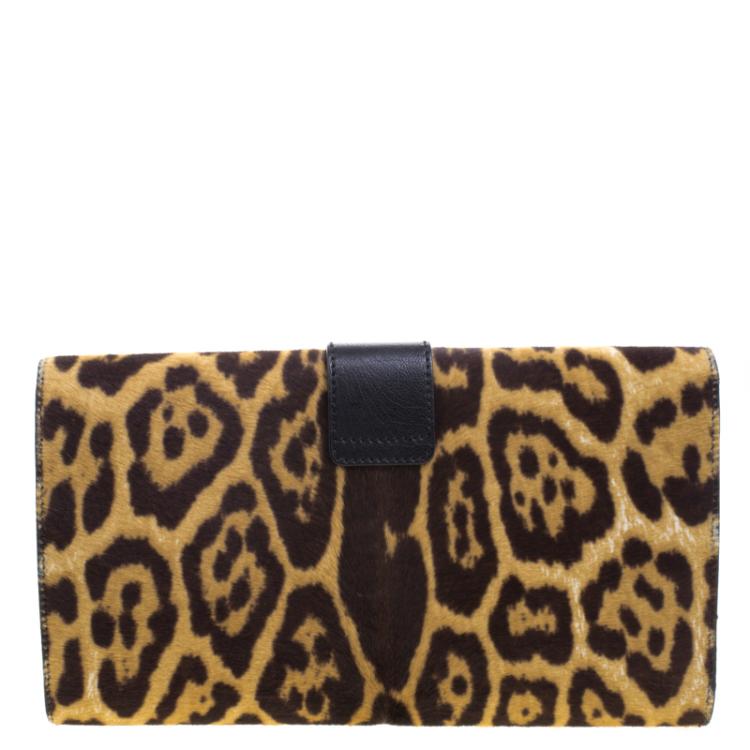 Pre Owned Saint Laurent Paris Brown/Black Leopard Print Calf Hair Large Chyc Clutch