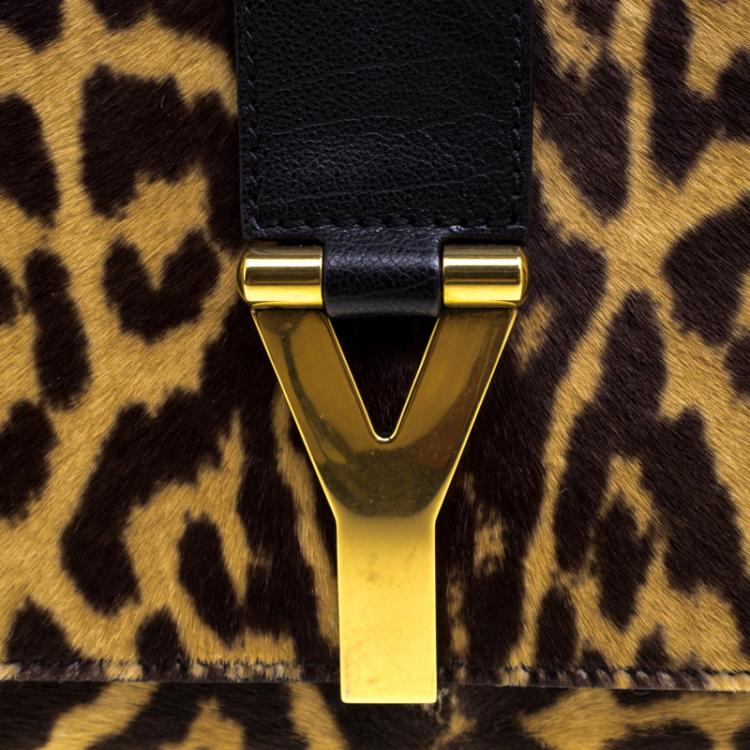 Pre Owned Saint Laurent Paris Brown/Black Leopard Print Calf Hair Large Chyc Clutch