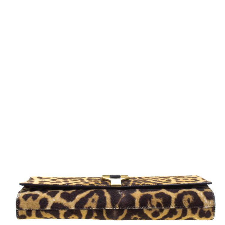 Pre Owned Saint Laurent Paris Brown/Black Leopard Print Calf Hair Large Chyc Clutch