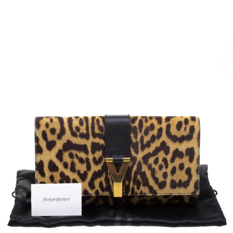 Pre Owned Saint Laurent Paris Brown/Black Leopard Print Calf Hair Large Chyc Clutch