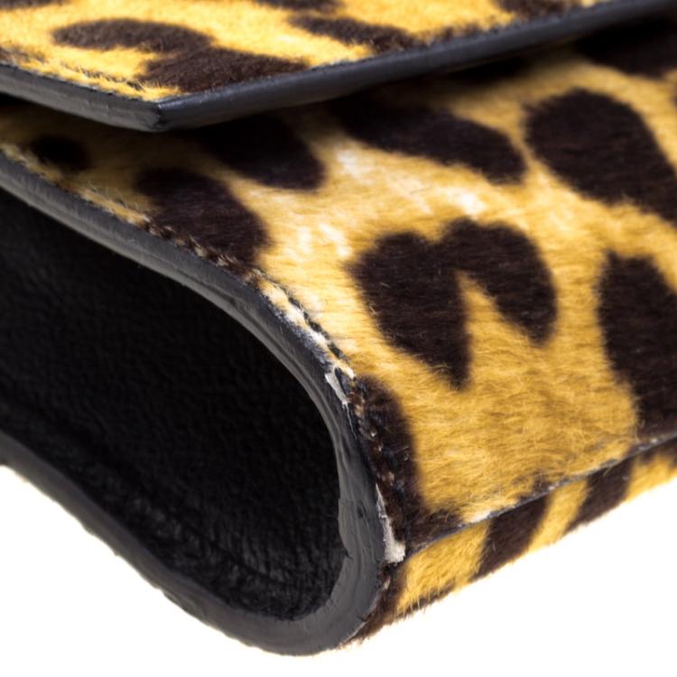 Pre Owned Saint Laurent Paris Brown/Black Leopard Print Calf Hair Large Chyc Clutch