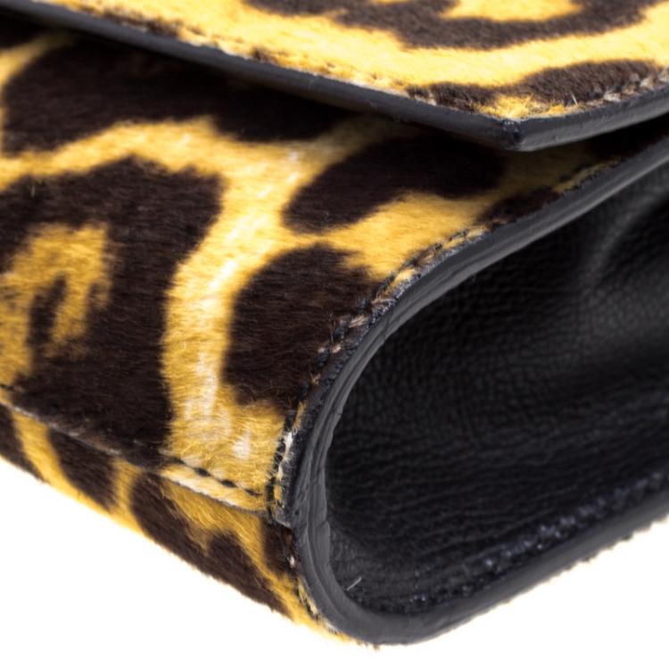 Pre Owned Saint Laurent Paris Brown/Black Leopard Print Calf Hair Large Chyc Clutch