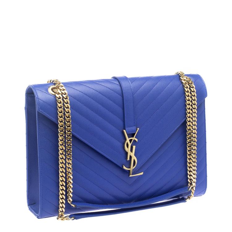 Pre Owned Saint Laurent Paris Blue Matelasse Leather Large Cassandre Flap Bag
