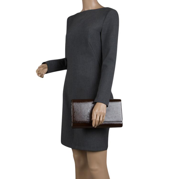 Pre Owned Saint Laurent Paris Brown Patent Leather Belle De Jour Flap Clutch