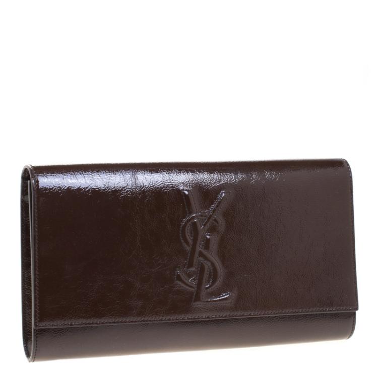 Pre Owned Saint Laurent Paris Brown Patent Leather Belle De Jour Flap Clutch