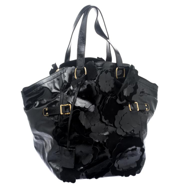 Pre Owned Saint Laurent Paris Black Patent Leather Medium Floral Applique Downtown Tote