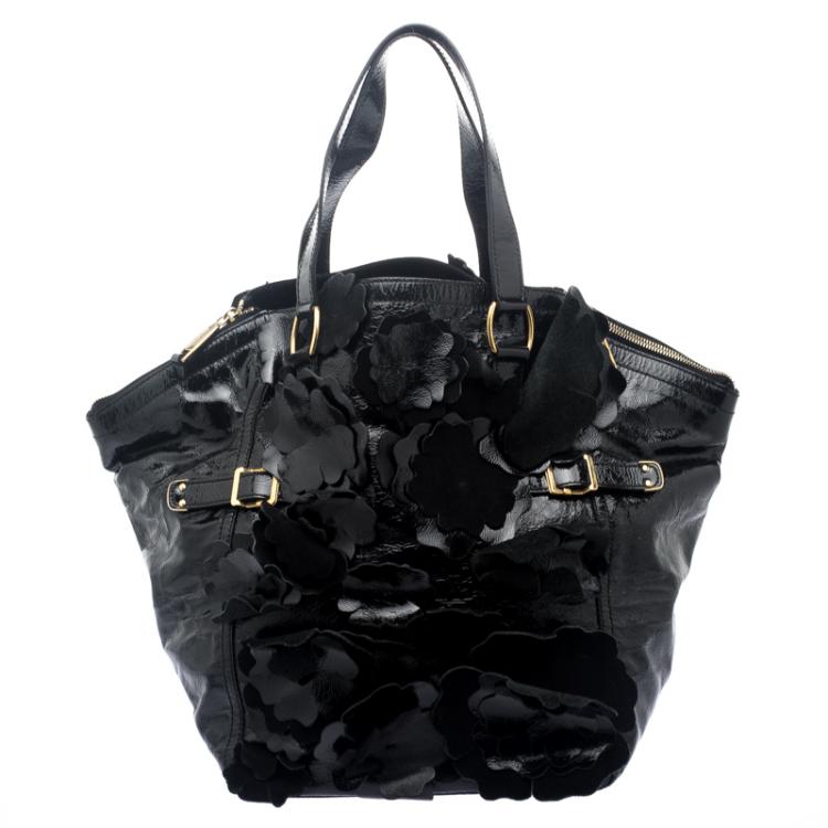 Pre Owned Saint Laurent Paris Black Patent Leather Medium Floral Applique Downtown Tote