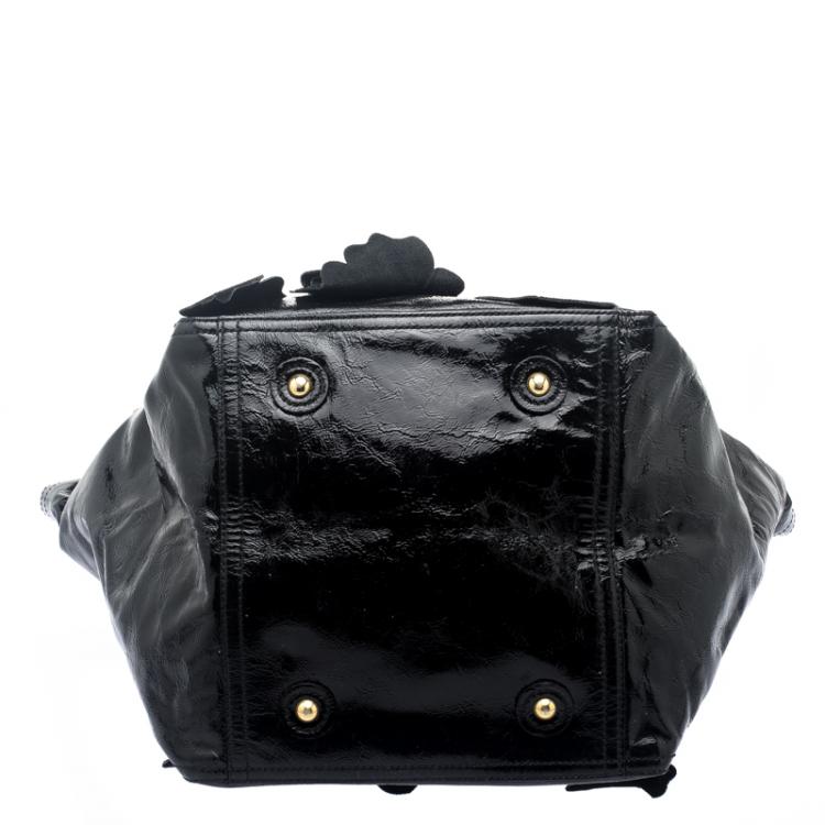 Pre Owned Saint Laurent Paris Black Patent Leather Medium Floral Applique Downtown Tote