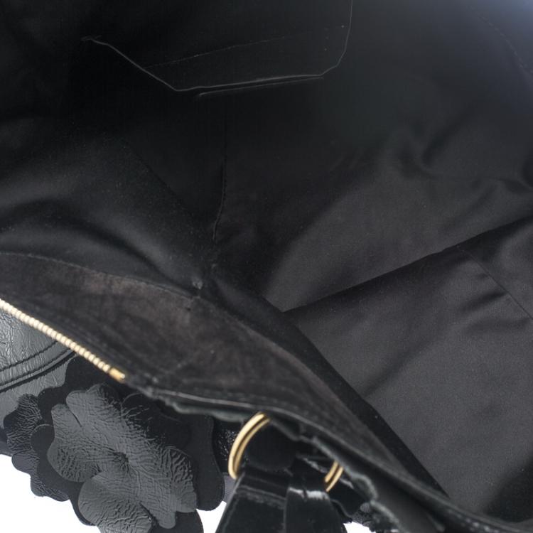 Pre Owned Saint Laurent Paris Black Patent Leather Medium Floral Applique Downtown Tote