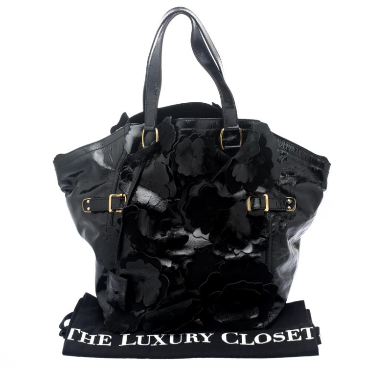 Pre Owned Saint Laurent Paris Black Patent Leather Medium Floral Applique Downtown Tote