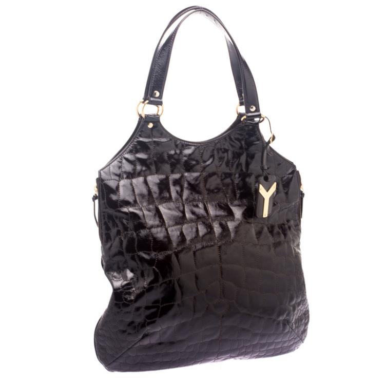 Pre Owned Saint laurent Paris Brown Croc Embossed Patent Leather Large Tribute Tote