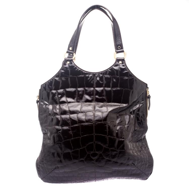 Pre Owned Saint laurent Paris Brown Croc Embossed Patent Leather Large Tribute Tote