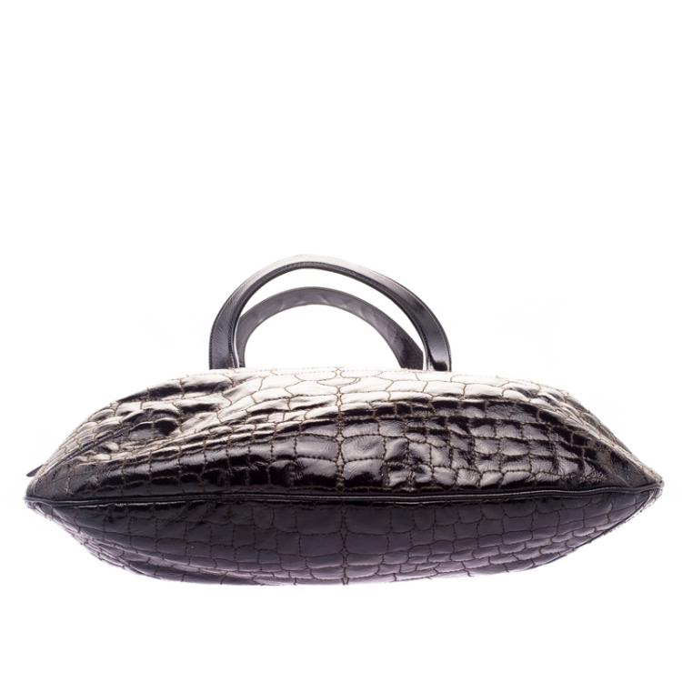 Pre Owned Saint laurent Paris Brown Croc Embossed Patent Leather Large Tribute Tote
