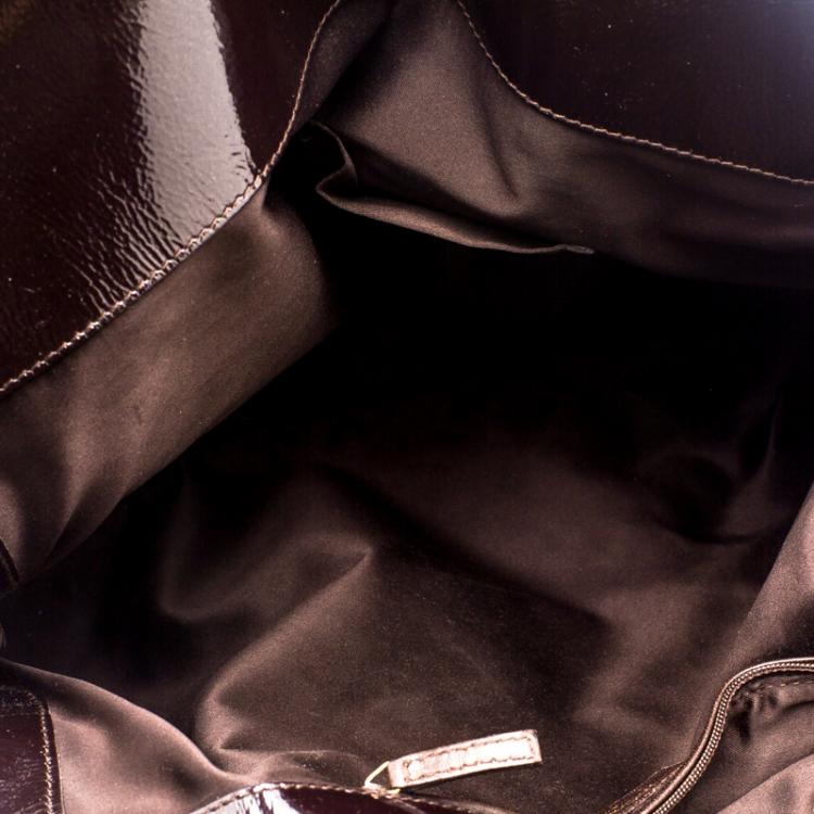 Pre Owned Saint laurent Paris Brown Croc Embossed Patent Leather Large Tribute Tote