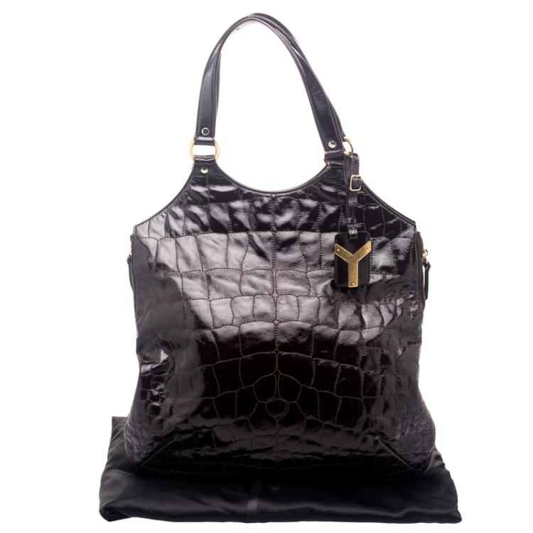 Pre Owned Saint laurent Paris Brown Croc Embossed Patent Leather Large Tribute Tote