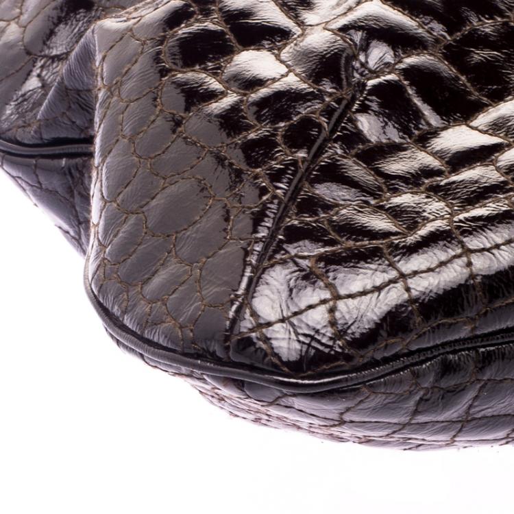 Pre Owned Saint laurent Paris Brown Croc Embossed Patent Leather Large Tribute Tote