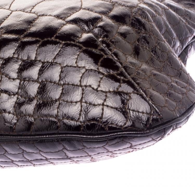 Pre Owned Saint laurent Paris Brown Croc Embossed Patent Leather Large Tribute Tote