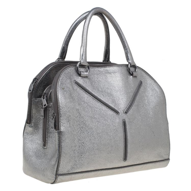 Pre Owned Saint Laurent Paris Metallic Silver Leather Sac 32 Tote
