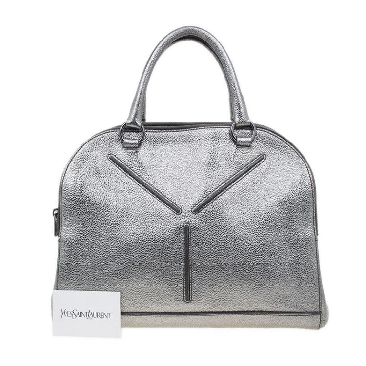 Pre Owned Saint Laurent Paris Metallic Silver Leather Sac 32 Tote