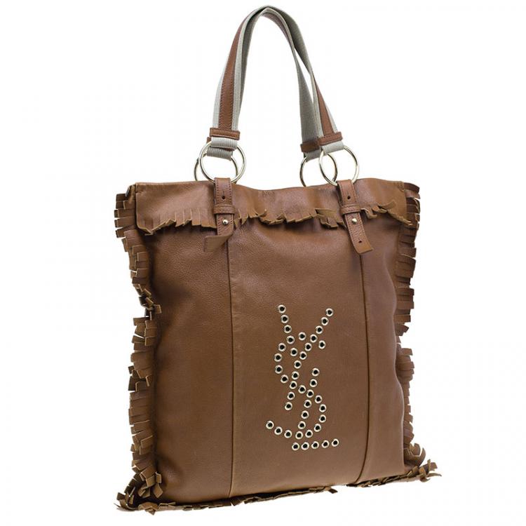 Pre Owned Saint Laurent Paris Brown Leather Fringe Grommet Signature Tote