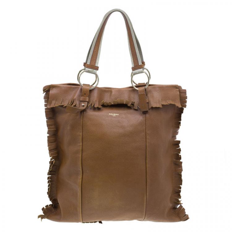 Pre Owned Saint Laurent Paris Brown Leather Fringe Grommet Signature Tote