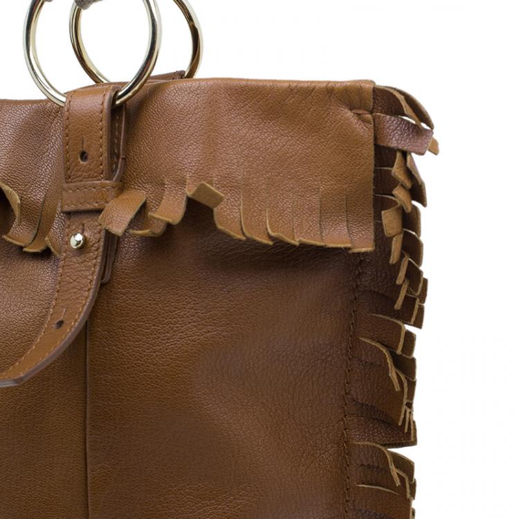 Pre Owned Saint Laurent Paris Brown Leather Fringe Grommet Signature Tote