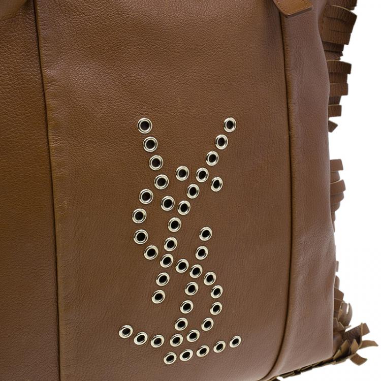 Pre Owned Saint Laurent Paris Brown Leather Fringe Grommet Signature Tote
