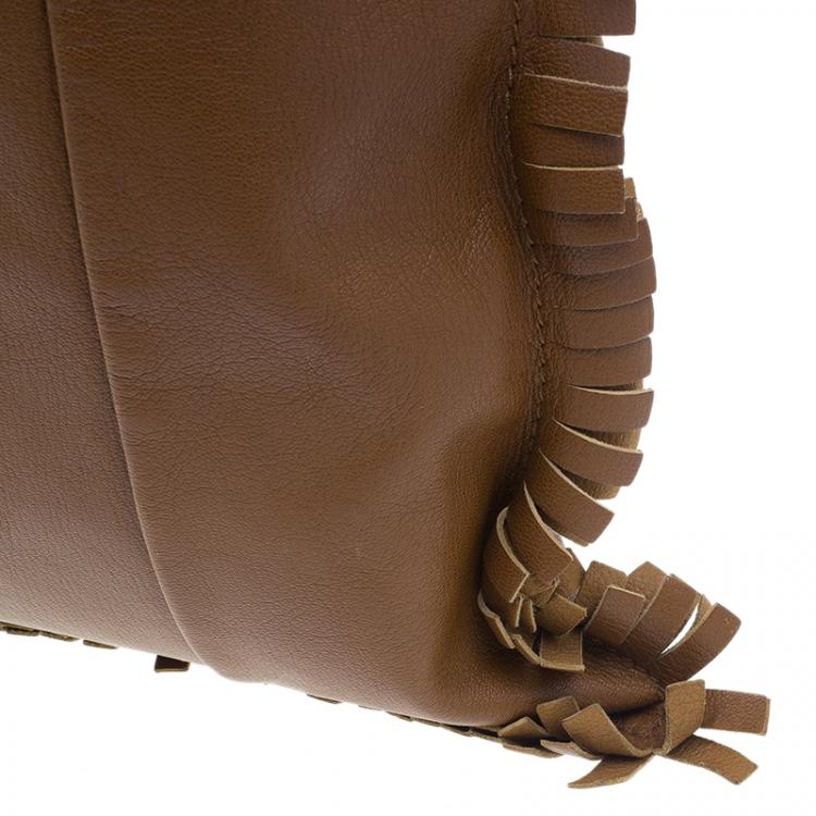 Pre Owned Saint Laurent Paris Brown Leather Fringe Grommet Signature Tote
